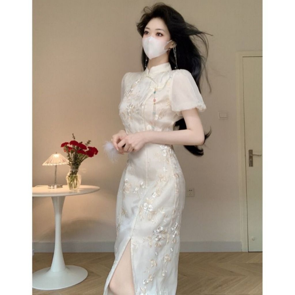 Setelan Gaun Wanita Qipao Dress Cheongsam Imlek Bodycon Dress Dengan Lengan Lace Gaya Sexy Elegan