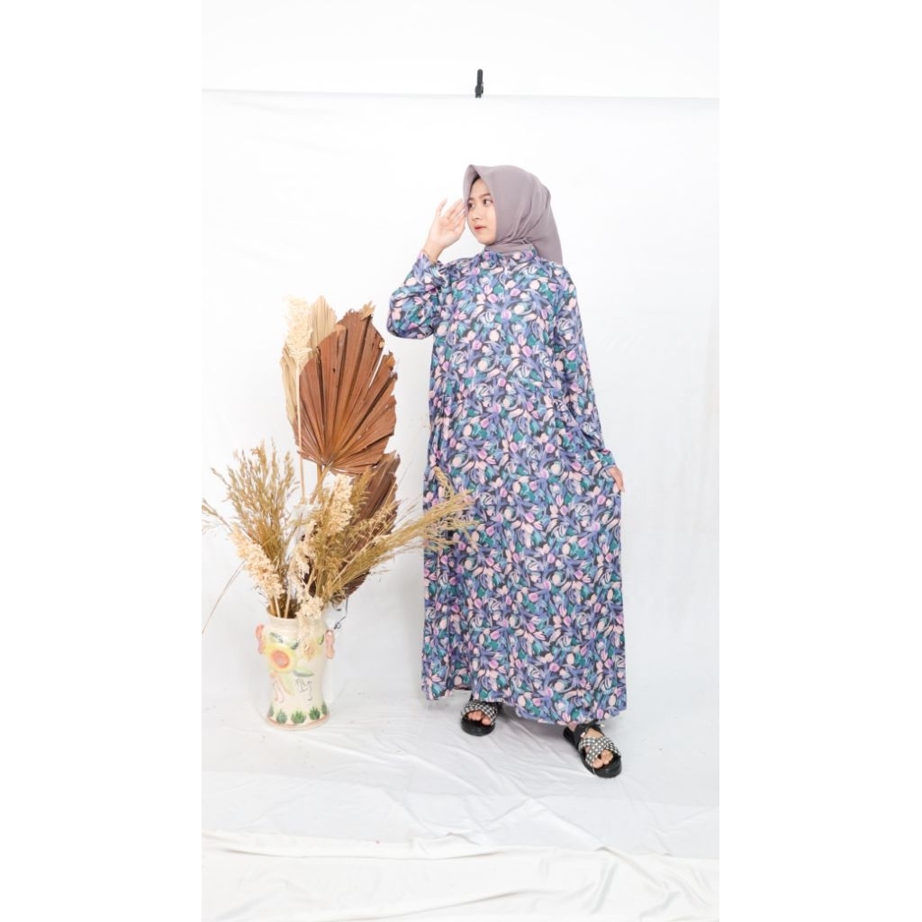Gamis motif floral navy blossom rayon premium