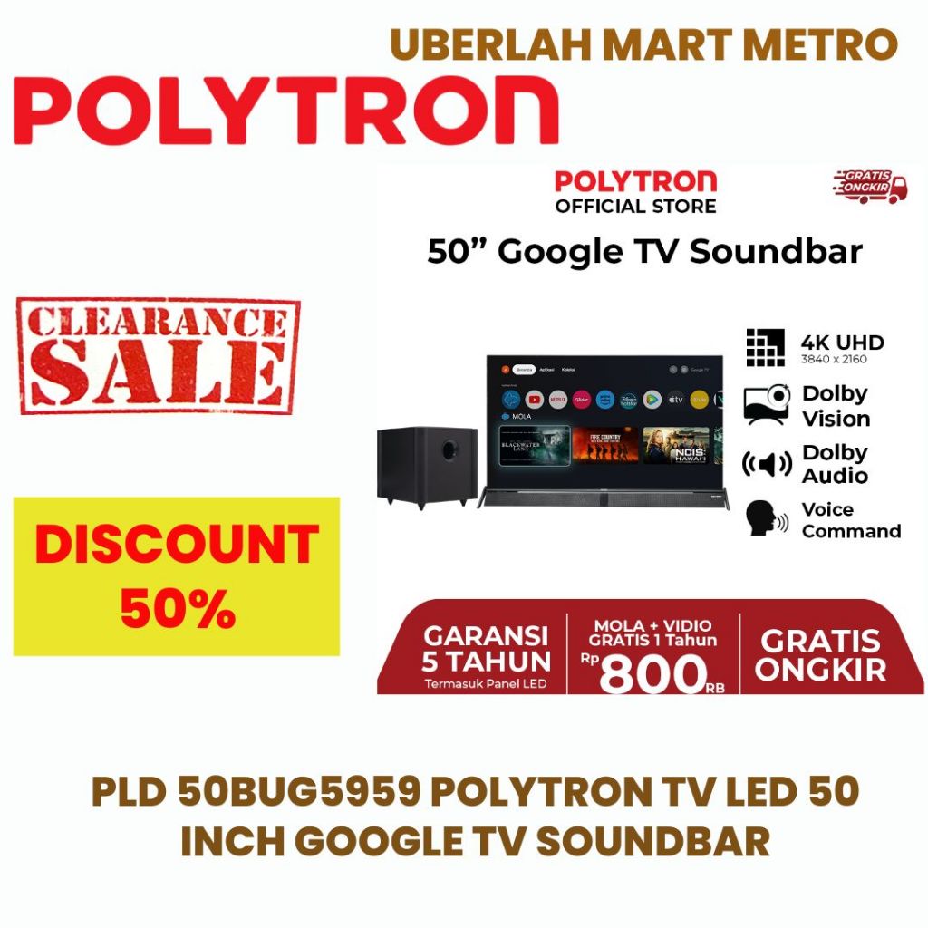 POLYTRON TV LED 50 INCH GOOGLE TV SOUNDBAR PLD 50BUG5959