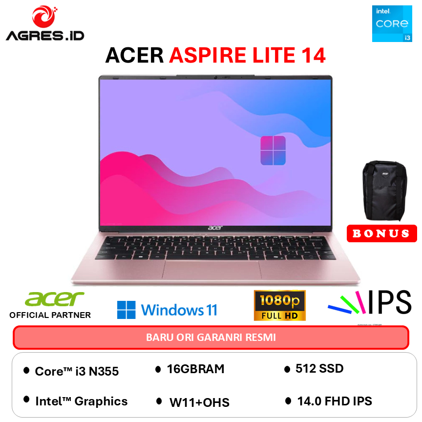 ACER ASPIRE LITE 14 AL14 I3 N355 16GB 512GB W11+OHS+M365 14.0WUXGA IPS SLV -32P.3S16