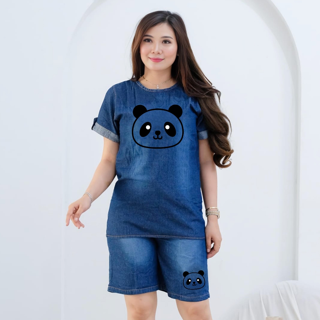 SAFINA - Panda Set Jeans Kekinian Setelan Jeans Wanita Home Set Jeans Wanita Setelan HP Jeans