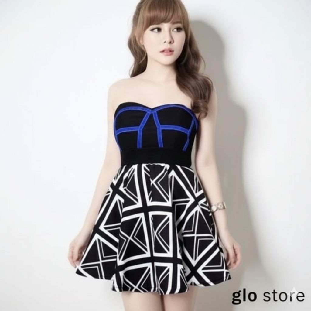 Glo Store Mini Dress Strapless Motif Geometris Kekinian Dress Wanita Casual Elegant Premium dengan D
