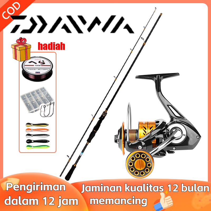 DAIWA Set Pancing Spinning Lengkap - Joran Karbon ML Power + Reel Cumi-Cumi 80KG, Alat Pancing untuk