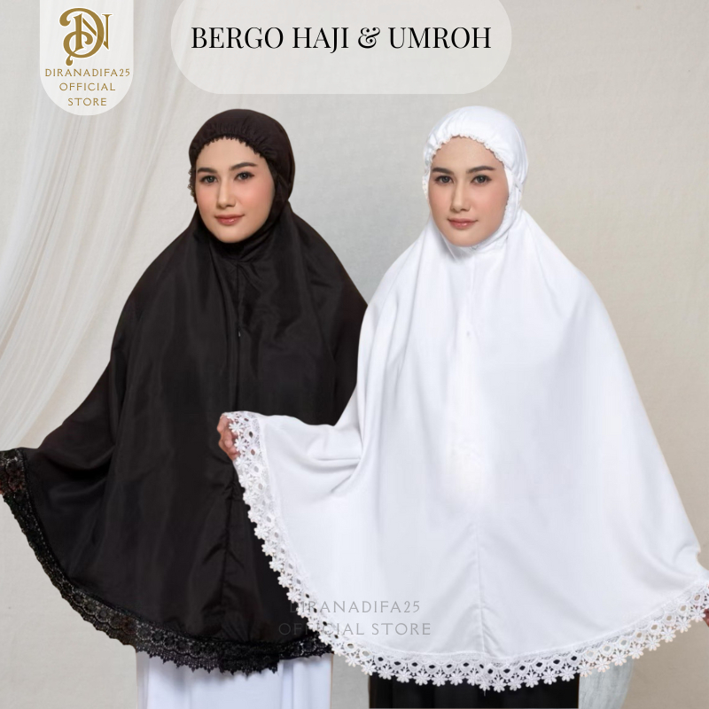 Hijab Bergo Umroh Haji Bahan Katun Premium Cantik Jumbo Bersaku Renda Mewah Jilbab Instan Anti Copet
