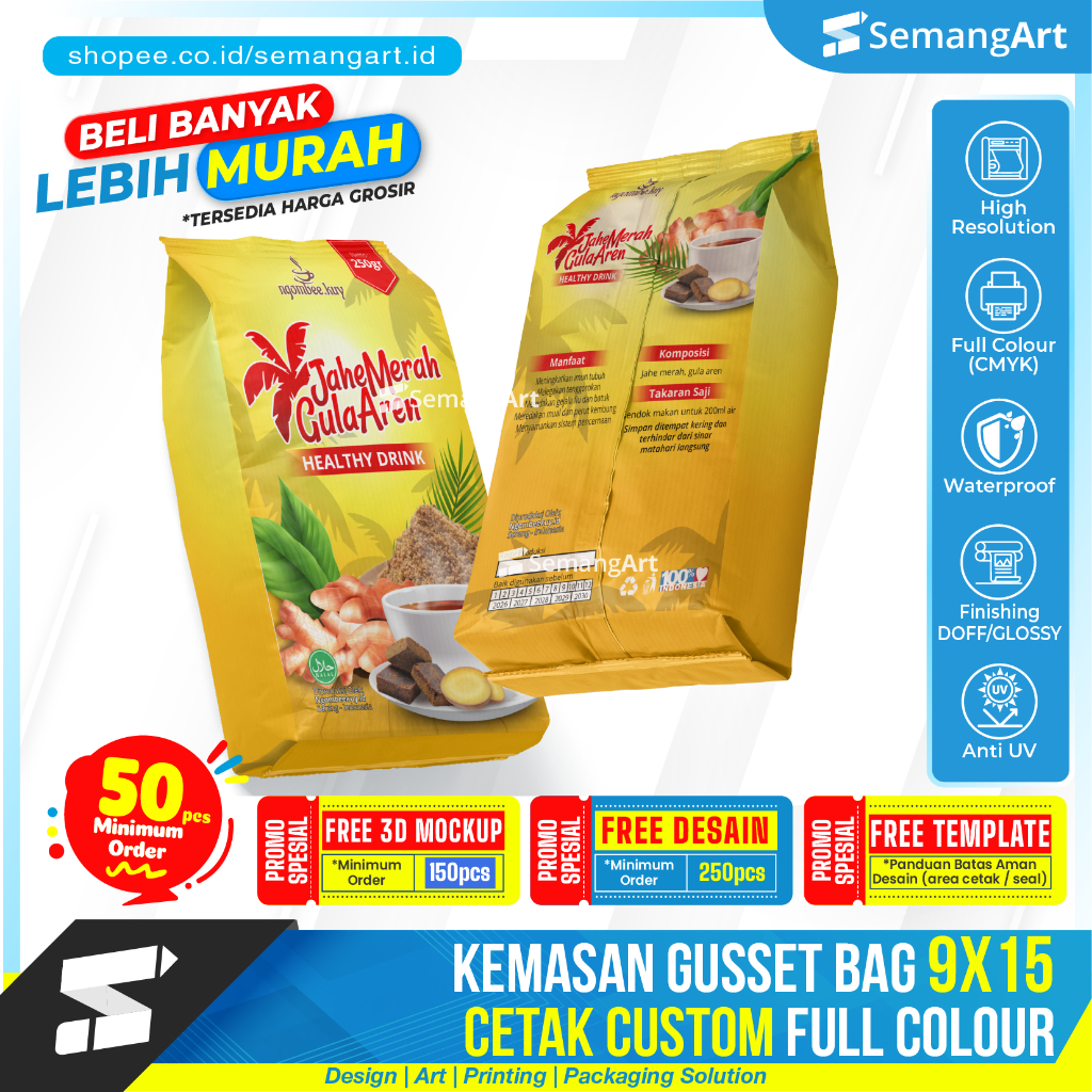 Cetak Kemasan Gusset bag 9x15 flat bottom pouch plastik bungkus Makanan Desain Custom