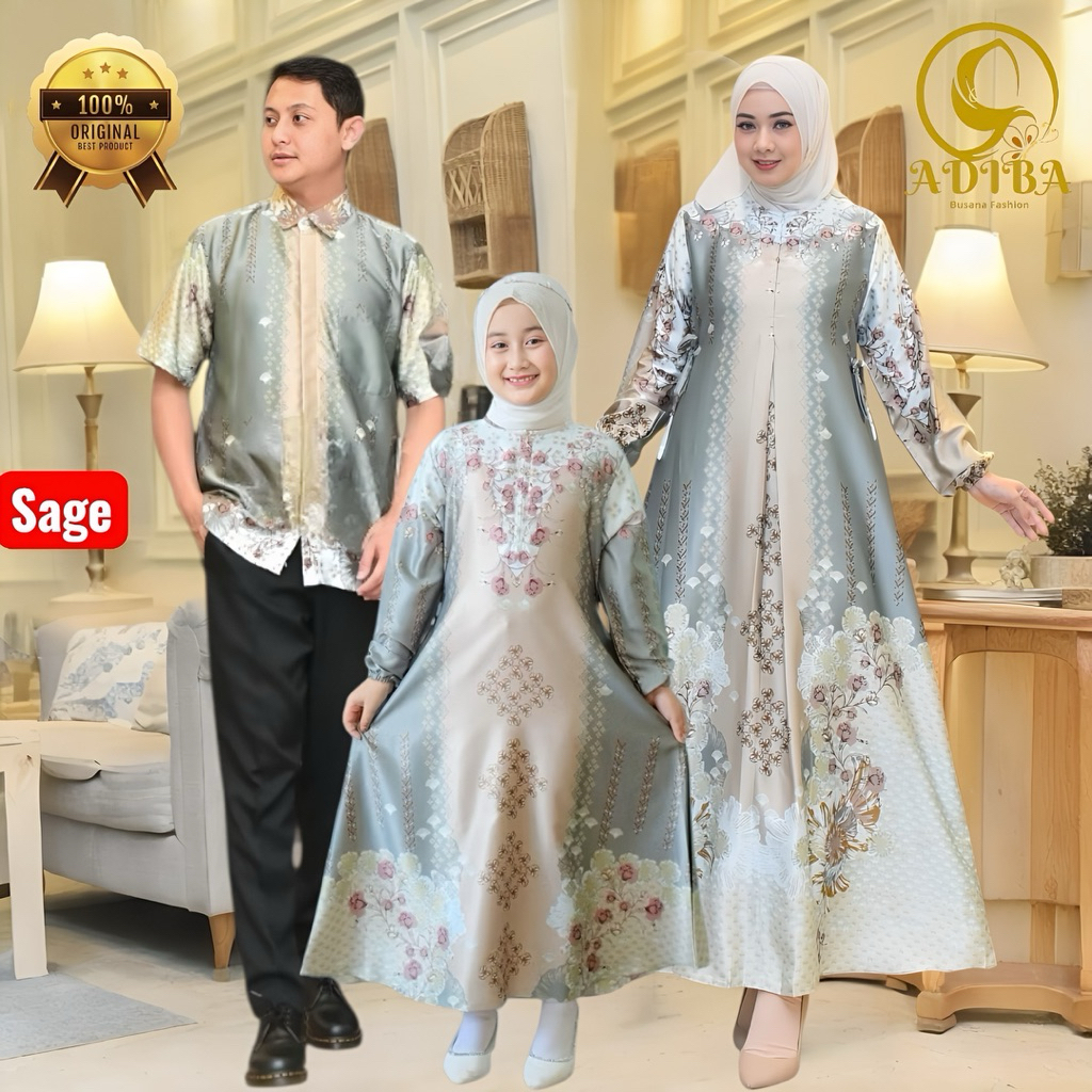 Gamis Couple Sarimbit Motif Bunga Medina Silk Premium Terbaru Elegan Dress Kondangan Sage Nevy Jumbo