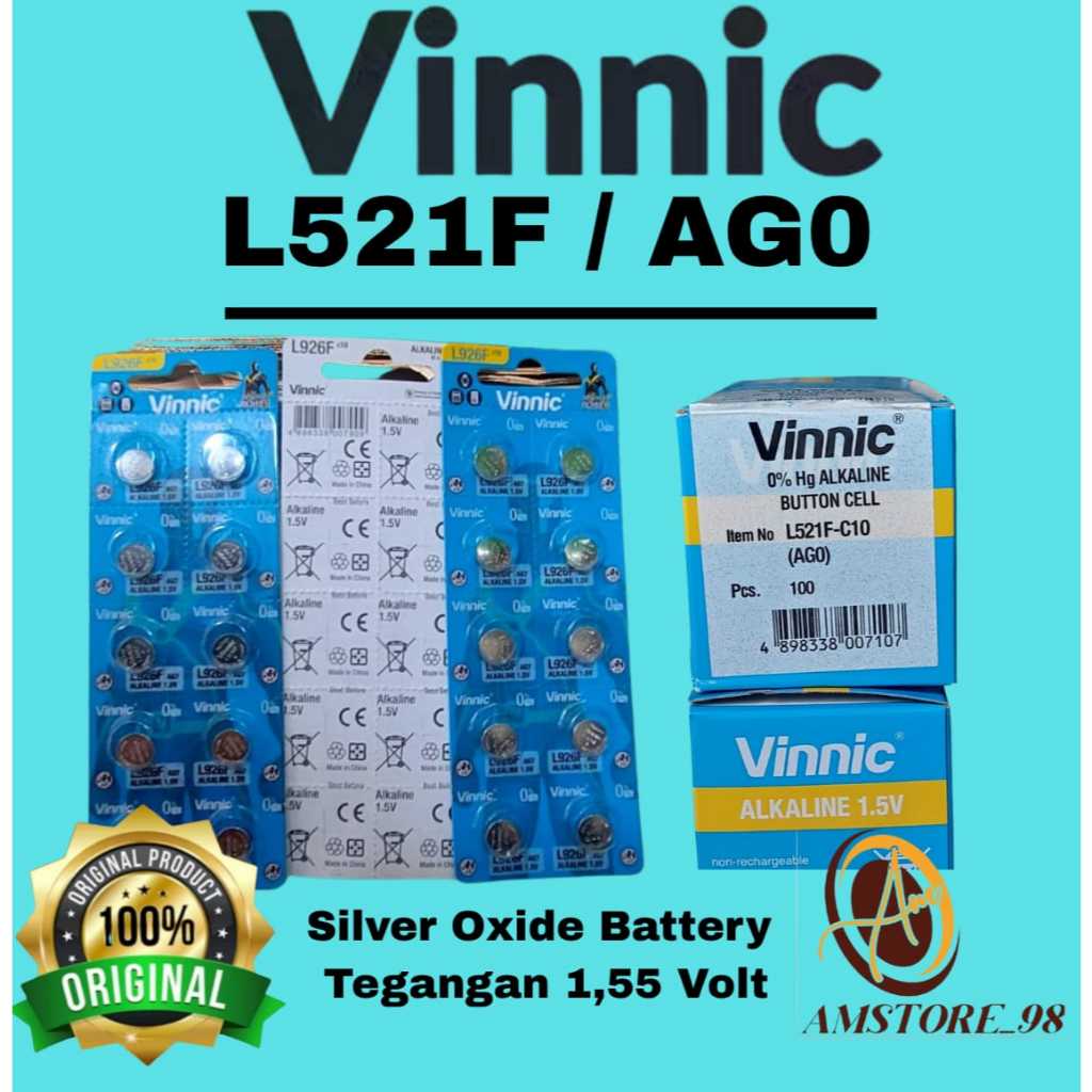 Baterai Vinnic L521F Baterai Original Batre Jam Tangan L 521 F LR521 AG0 Alkaline 1.5V Perlembar Isi