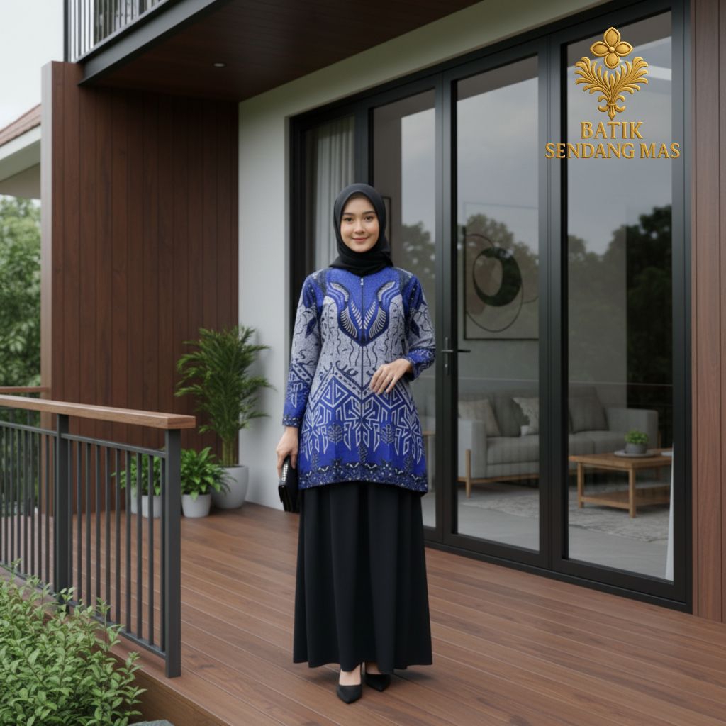 Tunik Batik Wanita Premium Batik Sendang Masotif Piramida Biru  – Tunik Couple / Baju Batik Kerja Pr