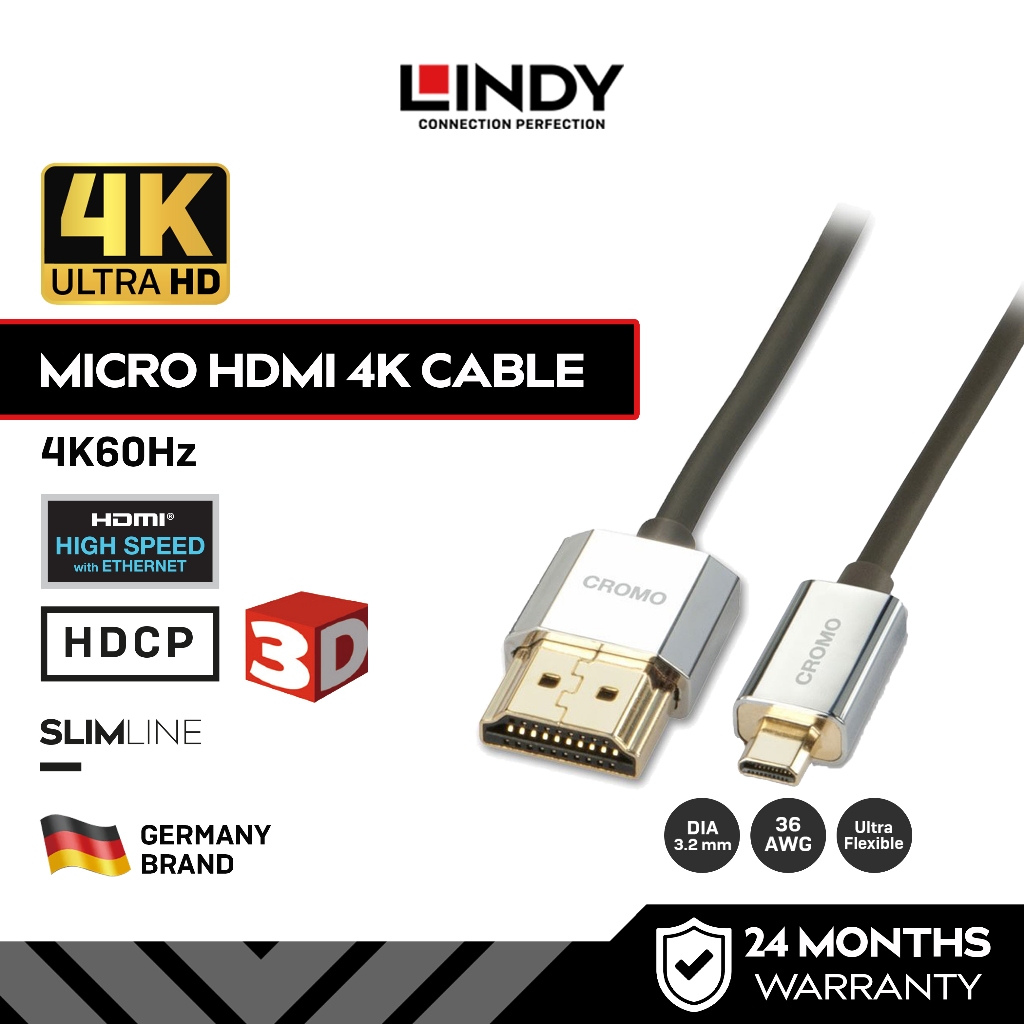 Kabel Micro HDMI Type D LINDY 0.5M 1M 2M 3M 4,5M Cromo Ultra Slim Micro HDMI 2.0 to HDMI 18Gbps 4K H
