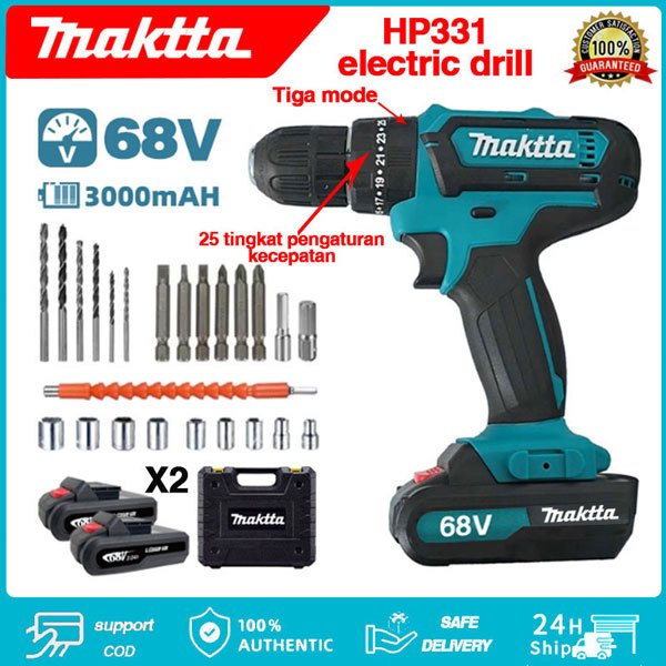 Bor Listrik Makita HP331 Bor Listrik Tanpa Kabel Bor Tangan 68V Alat Obeng Listrik Bor Impact