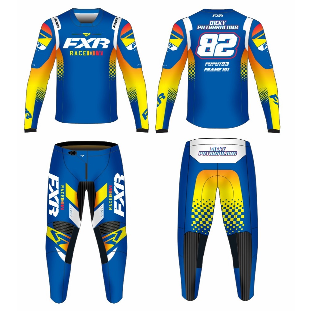 JERSEY SET JERSET BAJU BALAP RACING TRAIL TRABAS CUSTOM NAMA DAN NO PUNGGUNG (CELANA STRECH)