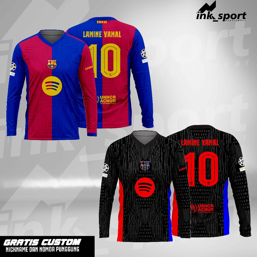 JERSEY BARCELONA 2025 HOME & AWAY LENGAN PANJANG FULL PRINTING LENGAN PANJANG, FREE CUSTOM NAMA DAN 