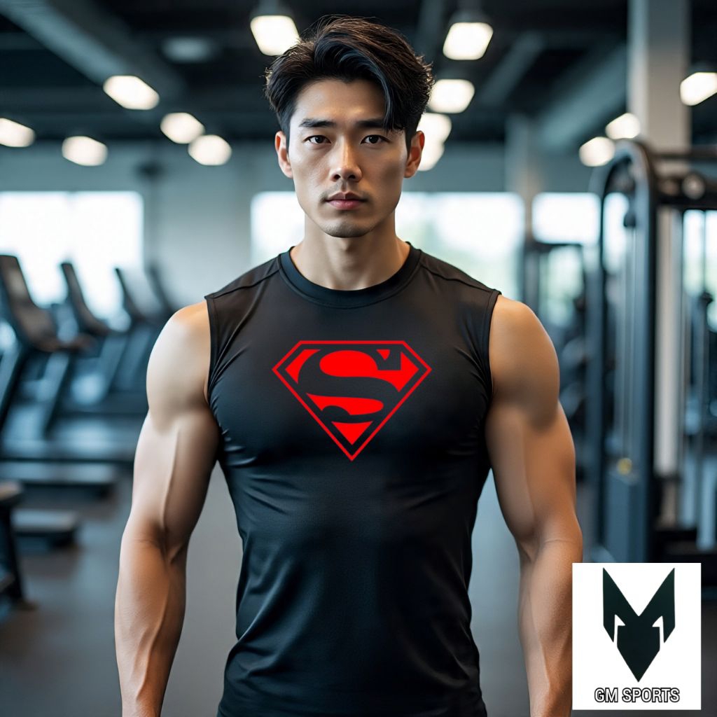 Singlet gym fitnes Compression Pria Superman Kaos Tanpa Lengan kompres Manset Lekbong Sport Hitami