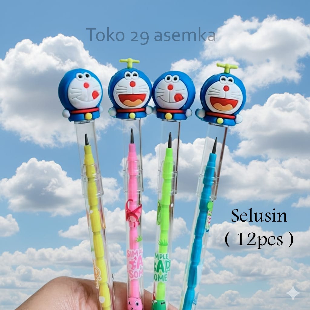 12 PCS (SELUSIN) PENSIL SUSUN DORAEMON BENSIA BISA ISI ULANG ATK SEKOLAH ANAK PENCIL UNIK GROSIR COD