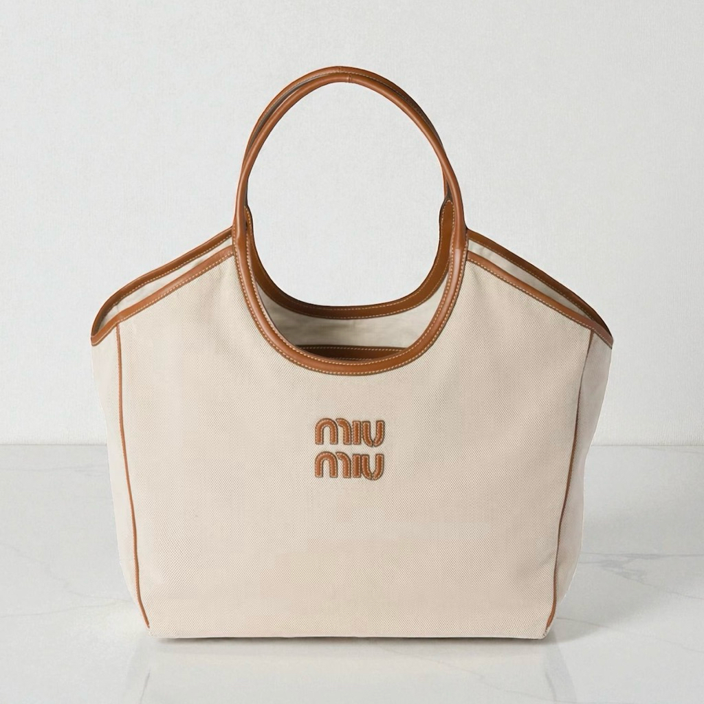 MIU MIU MIUMIU Ivy Large Canvas & Leather Shoulder Tote Bag
