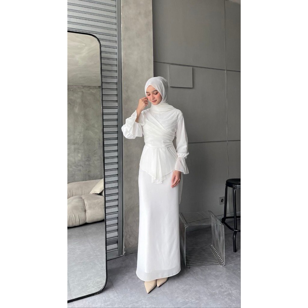 Dress Ameena Kondangan Bridesmaid Wanita Remaja Putih Polos Cerutty Premium Lebaran Muslim Pesta Mew