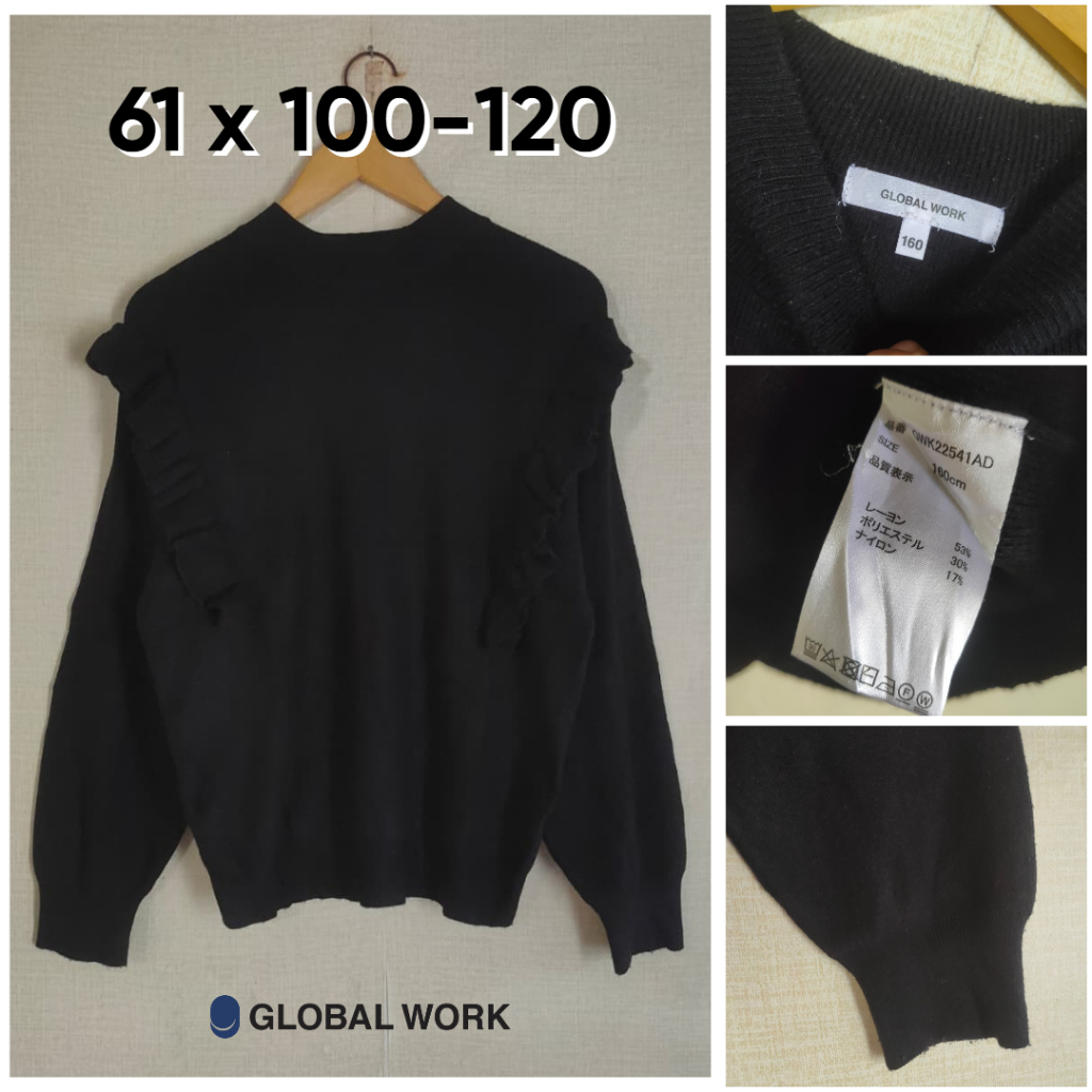 Sweater Global Work Hitam Size Fit L Atasan Rajut Knit Ruffle Wanita OB922