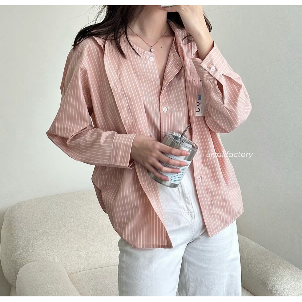 preloved kemeja salur pink