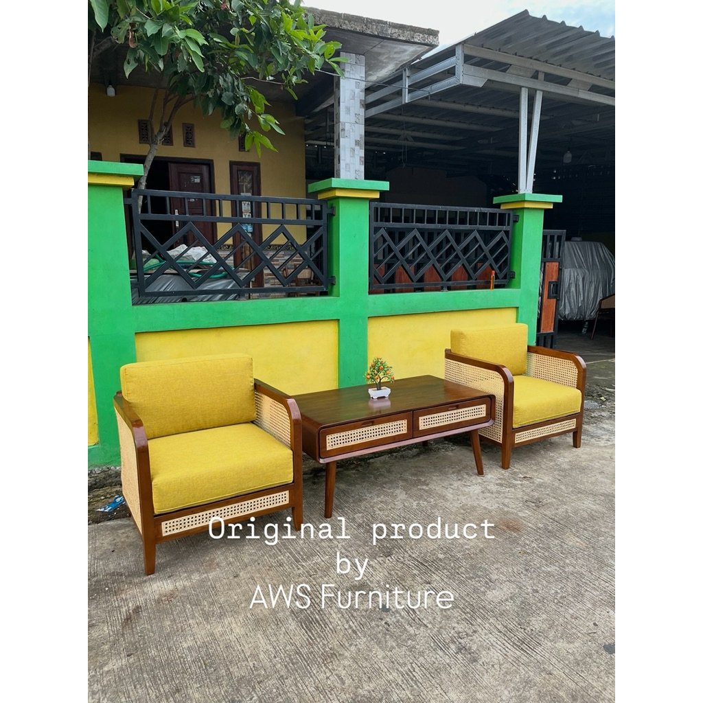 kursi sofa santai set meja letro rotan minimalis kayu jati