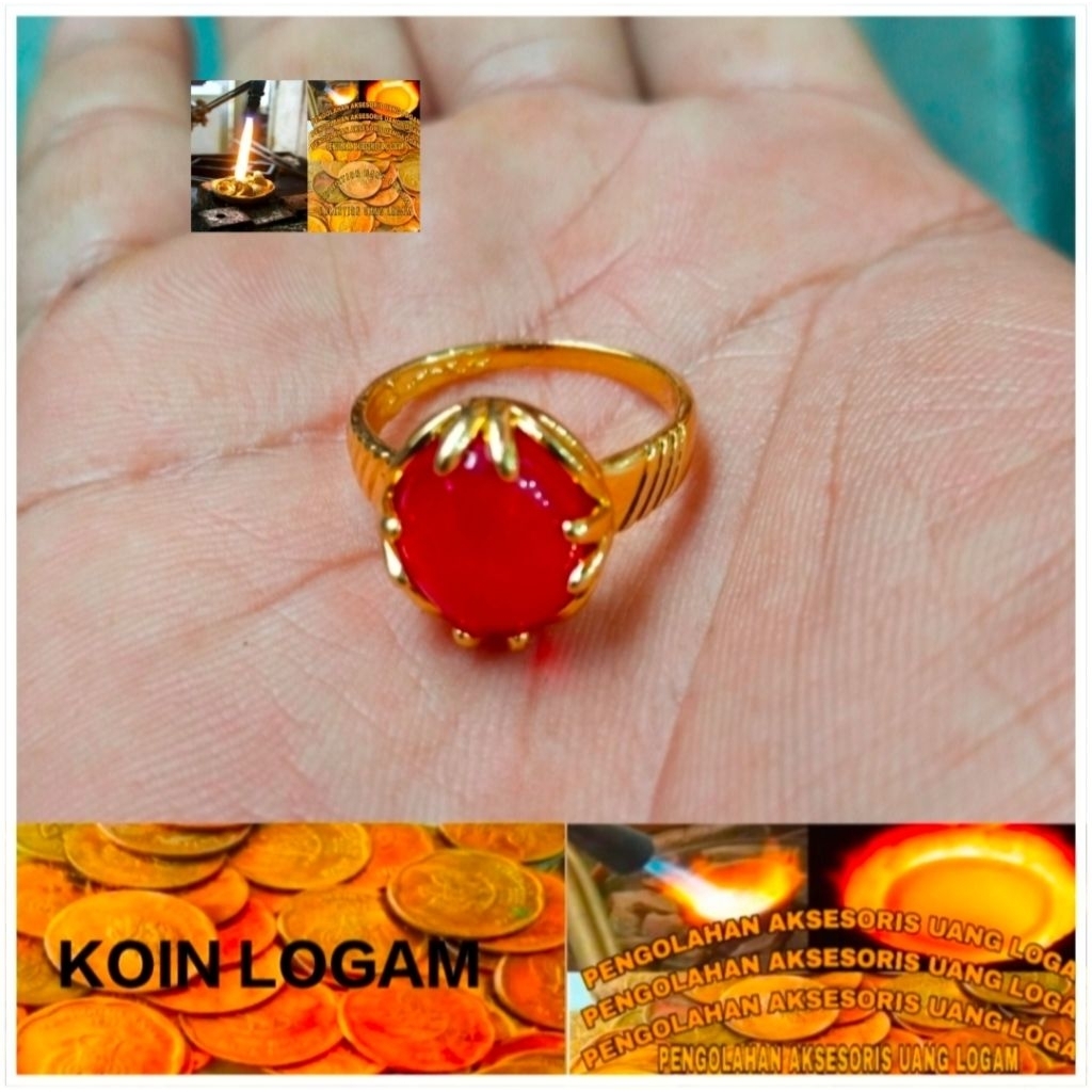 Cincin Giok Merah Wanita Pria Anti Karat Koin 91 Ori Lapis Emas Terbaru Perhiasan Elegan Mewah