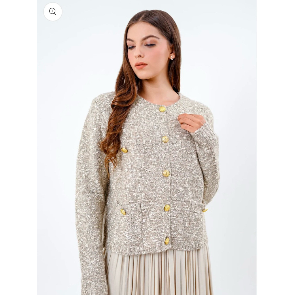 [ Preloved ] SALE ‼️ BENANG JARUM - Lydia Tweed Cardigan Khaki| HB 675k | Not Buttonscarves