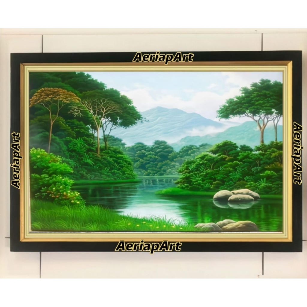 hiasan dinding lukisan cetak pemandangan danau hijau plus figura ukuran 65*45
