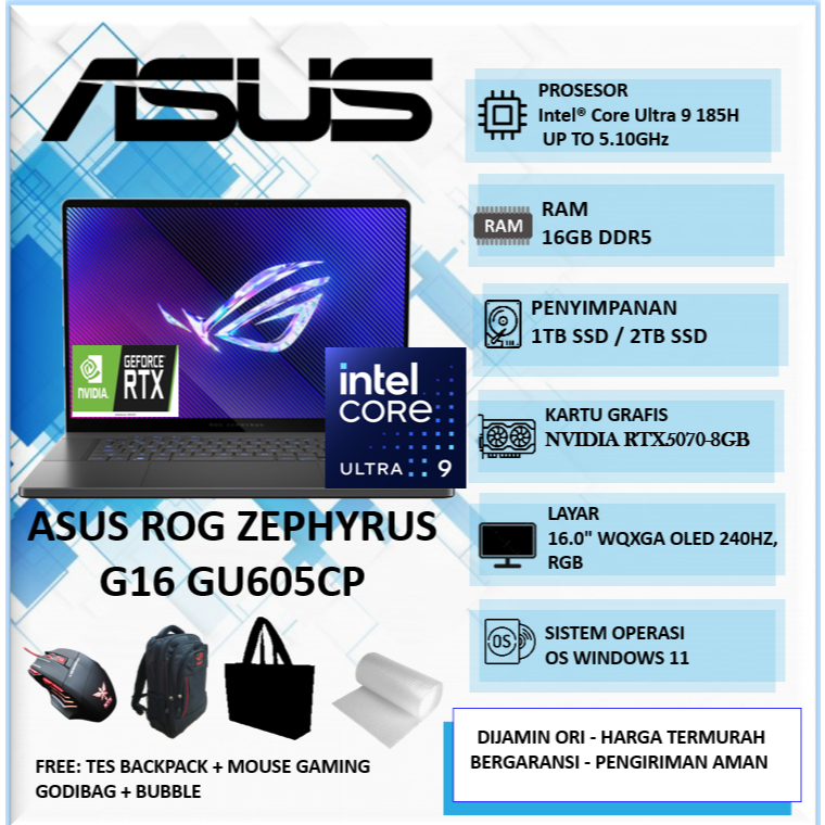 Laptop ASUS ROG ZEPHYRUS G16 Intel Core Ultra 9 285H 16GB 2TB RTX 5070 8GB 16"WQXGA OLED 240Hz