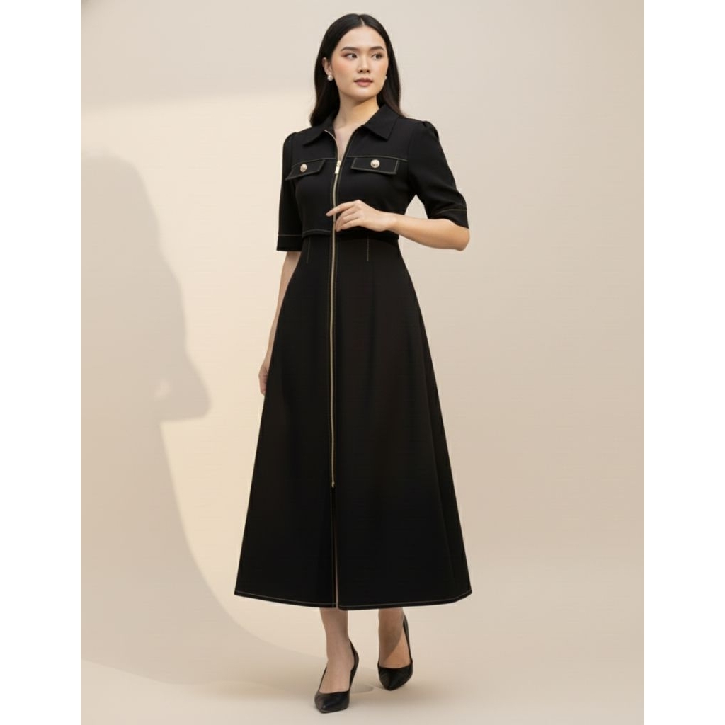 Able Couture - Nicky Midi Dress Zipper Resleting Korean Style A-Line Kerja Kuliah Formal Kantor Alls