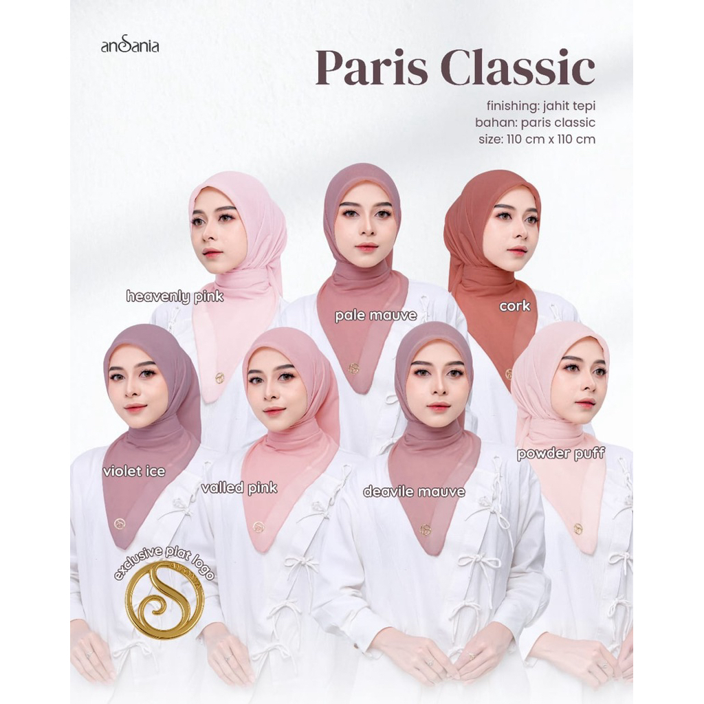 HIJAB PARIS SEGIEMPAT POLOS ANSANIA PLAT LOGO - HIJAB PARIS CLASSIC