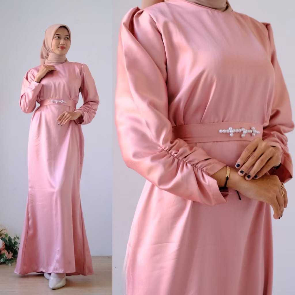 Lili gamis satin premium kekinian payet | dress kombinasi payet mewah lengan kerut | gamis kondangan