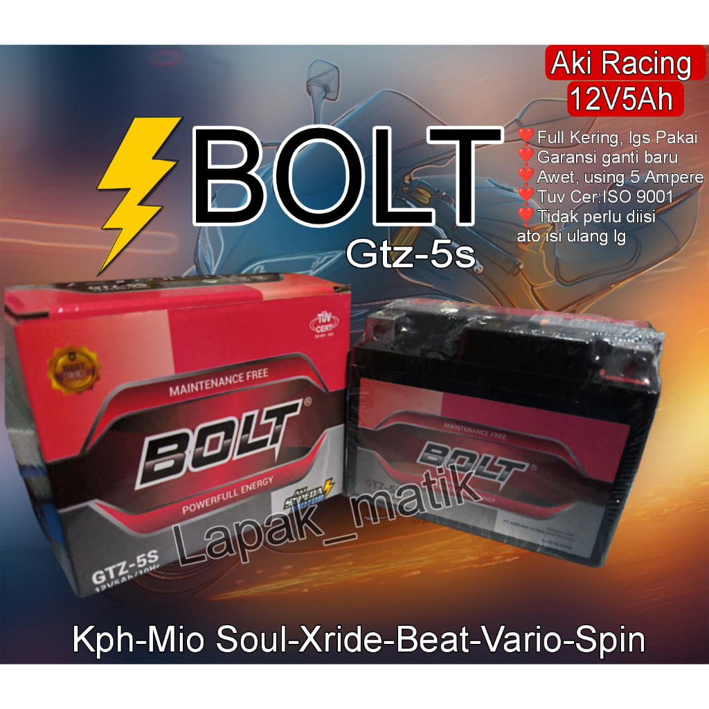 Aki Bolt GTZ5S-MF Honda Beat, Mio J Soul, Spin, karisma 5 Ampere Aki Racing Bolt