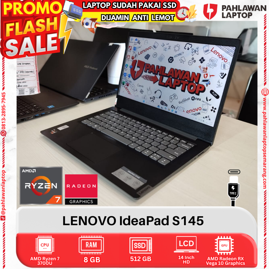 LAPTOP LENOVO S145 AMD Ryzen 7 RAM 8GB SSD 512GB