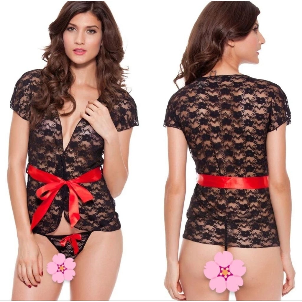 Lingerie Sexy Kimono Brokat Lengan Pendek Baju Tidur Wanita D0100BK