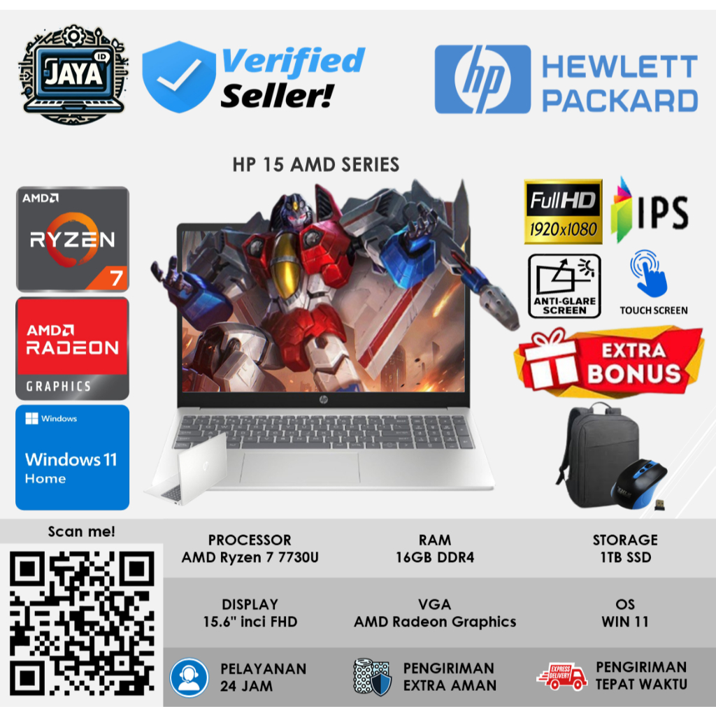 Laptop Gaming HP 15 AMD Ryzen 7 7730U 32GB 1TB SSD FHD IPS Touch windows 11 Home Sliver
