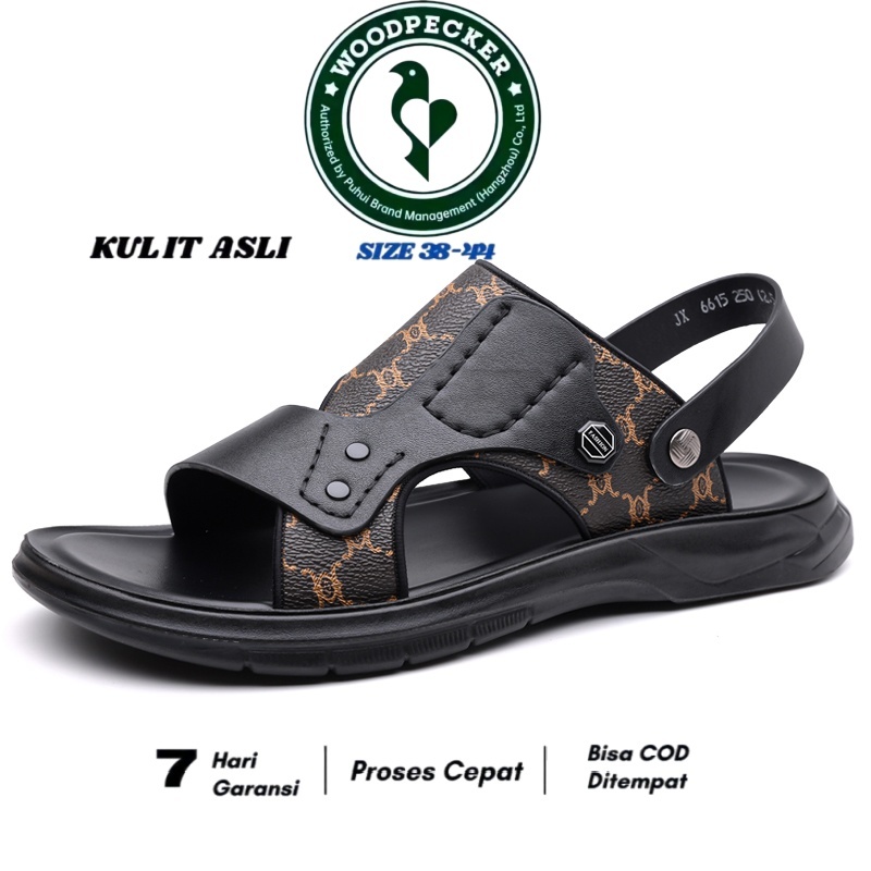 WOODPECKER-Sandal Pria Trendy Berbahan Kulit Asli – Model Casual Elegan Motif Klasik, Nyaman & Ringa