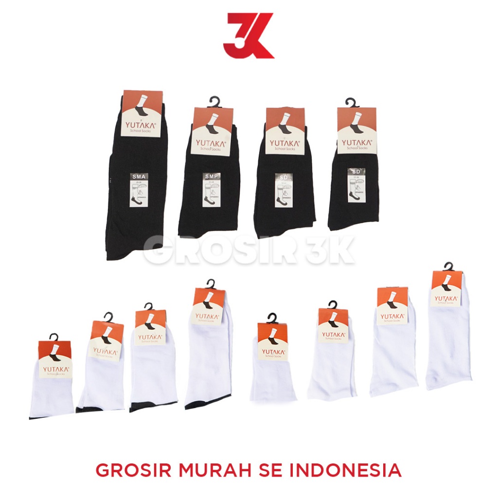 12pasang Yutaka Kaos Kaki Anak Sekolah TK SD SMP SMA Putih Tapak Hitam Hitam Polos Putih Polos Ukura