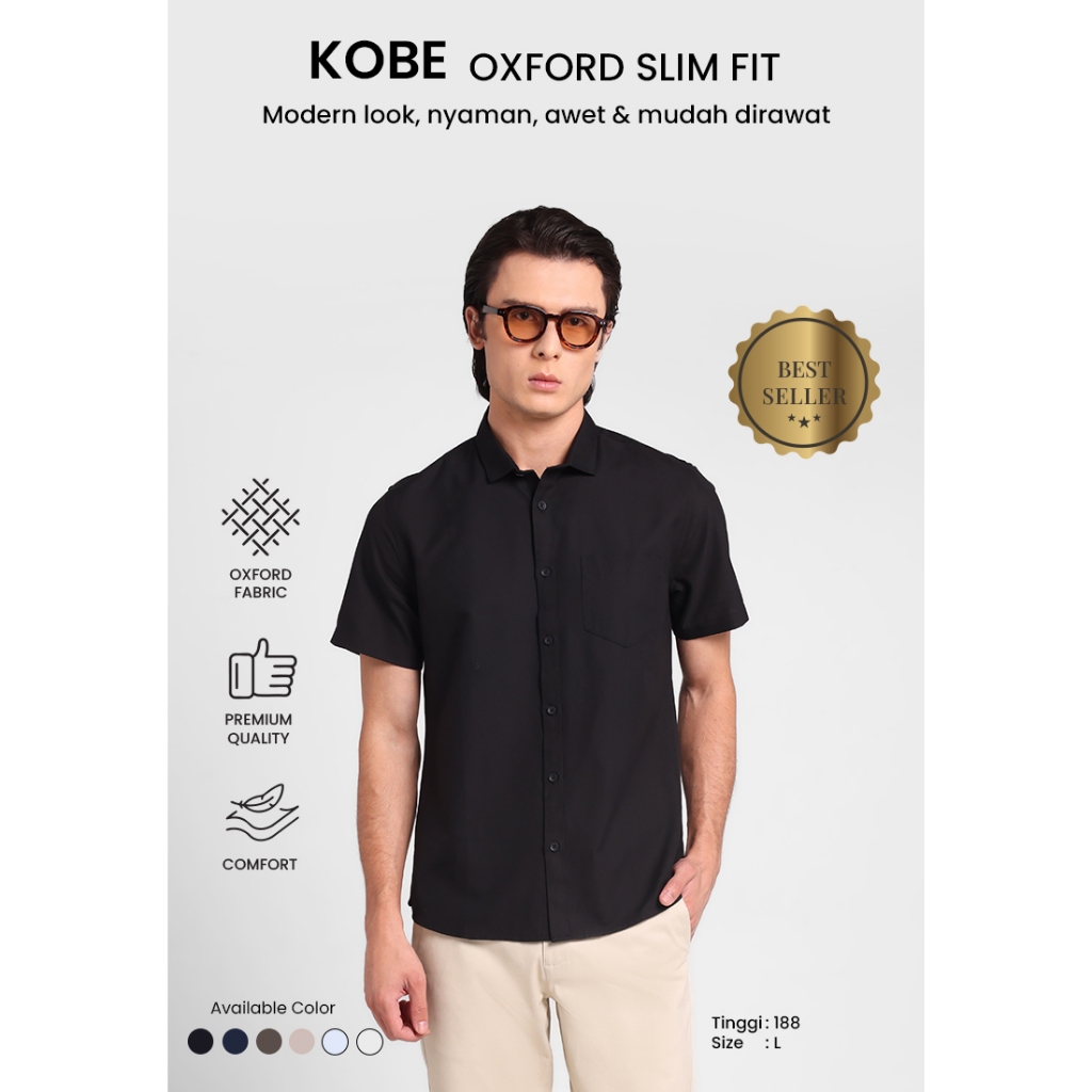 MANZONE - Kemeja Oxford Lengan Pendek Pria Kobe Slim Fit - Black