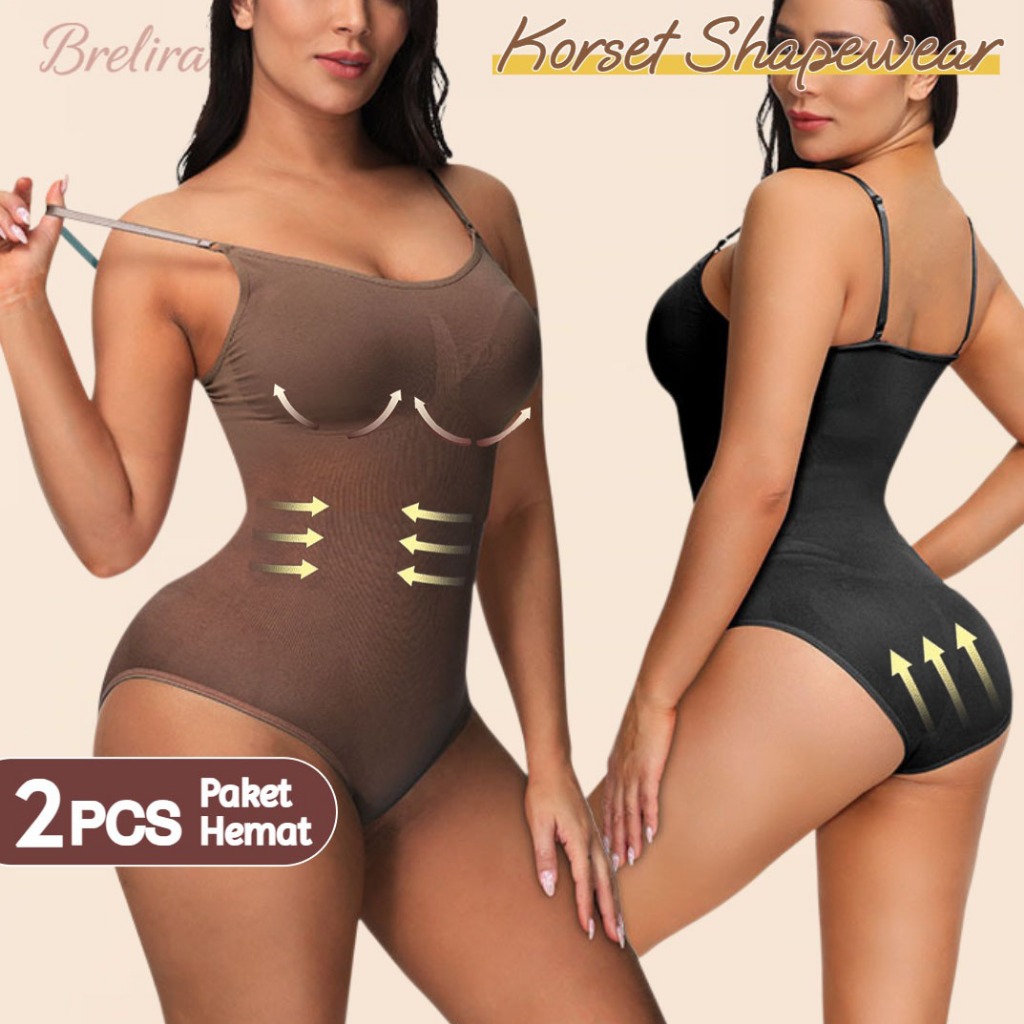 [2PCS Set Body Shaper/Sexy] Brelira Korset Bodysuit Dalam Pembentuk Tubuh Gaun Seksi Bustier Bra Tan