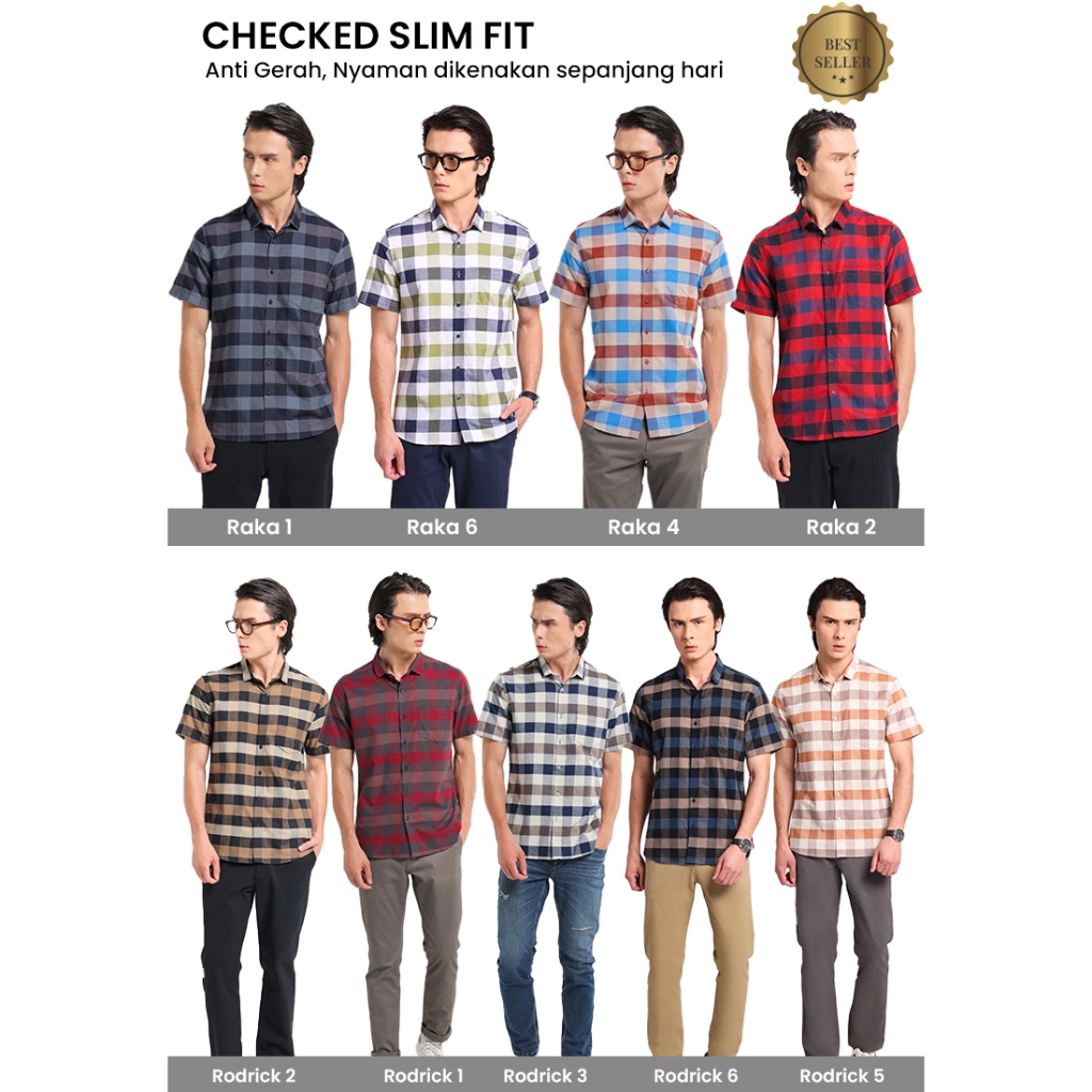 MANZONE - Kemeja Lengan Pendek Best Seller Motif Kotak-Kotak Rodrick Raka