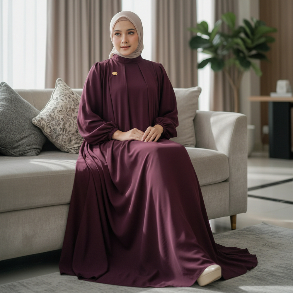 Sarah Maxi Gamis Jumbo Ceruty Polos Lengan Balon – Pesta Mewah by Ratu Raya