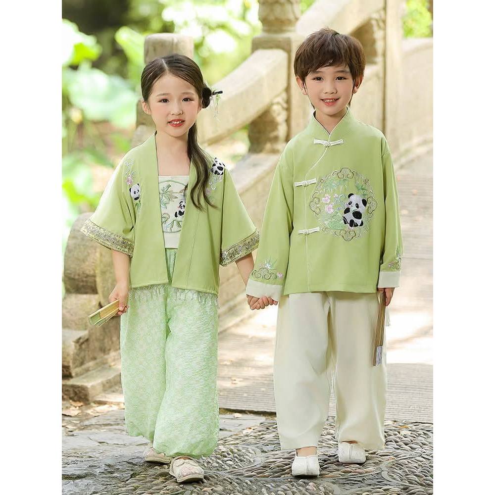 Baju Imlek CNY Anak Cowok Cewek Couple Hanfu Cheongsam Qibao Green Panda