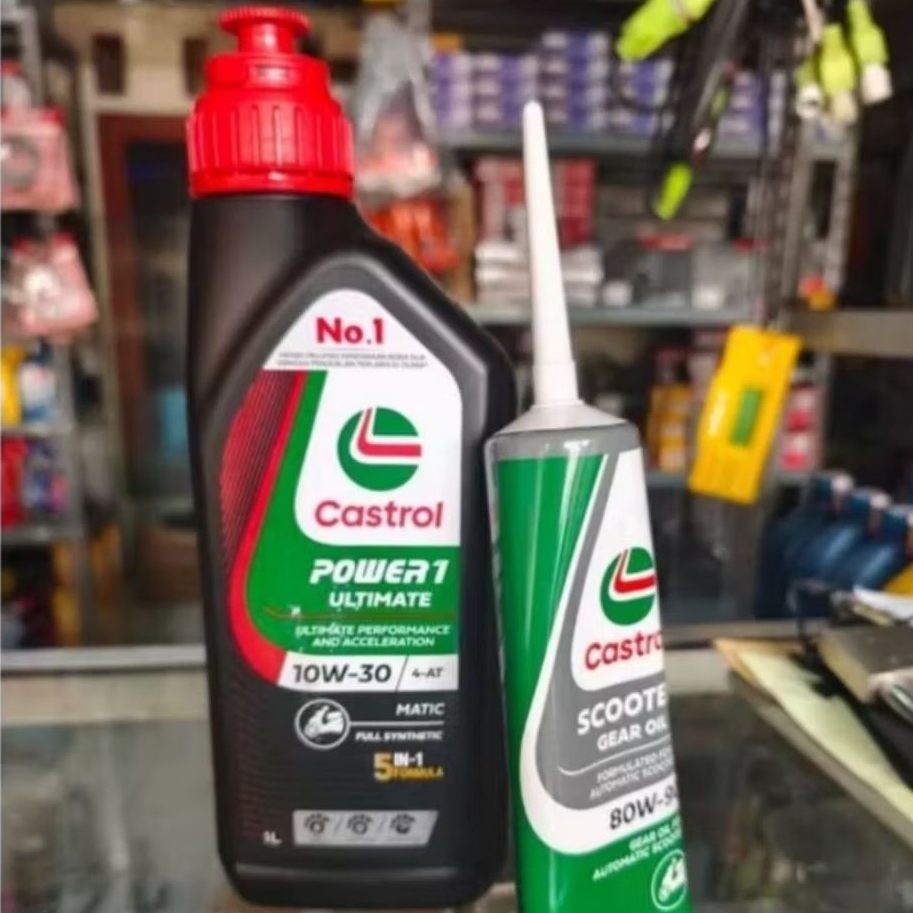 PAKET GANTI OLI MESIN CASTROL POWER 1 ULTIMATE SCOOTER MATIC 10W30 1L FULL SYNTHETICS + OLI GEAR GAR