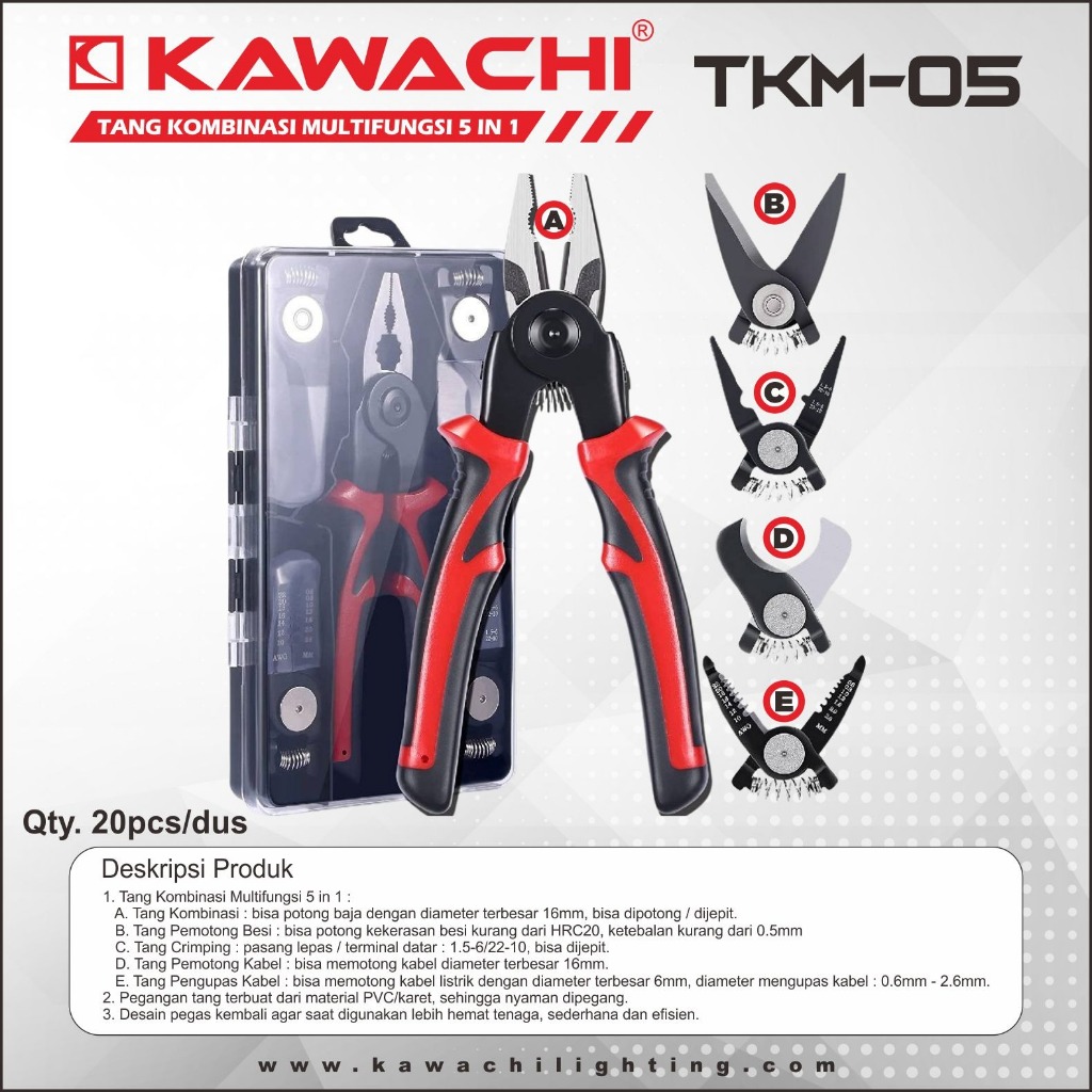 Kawachi Tang Kombinasi Multifungsi 5in1 Uk 7' TKM 05 Tang Pemotong Besi Tang Crimping Tang Capit Tan