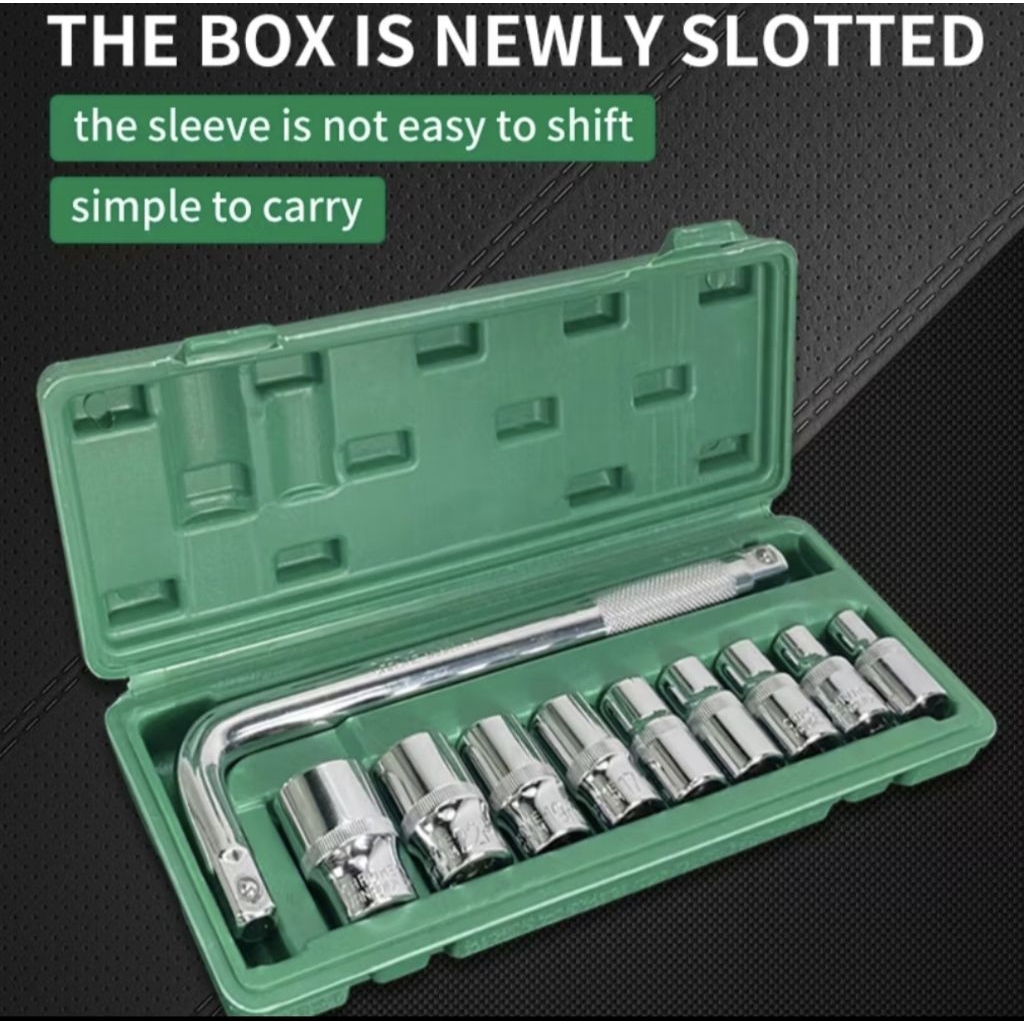 Mata Kunci Sock 9pcs Set 1/2inch 6PT Mata Sok 8-24mm+Gagang Sock L 10inch