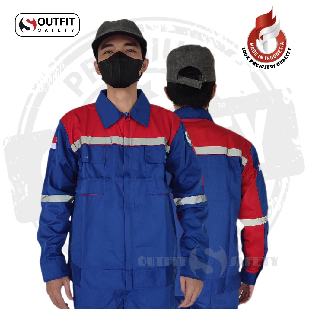 Outfit Safety - Baju Safety / Wearpack Proyek / Seragam Kerja Atasan Biru Benhur Merah