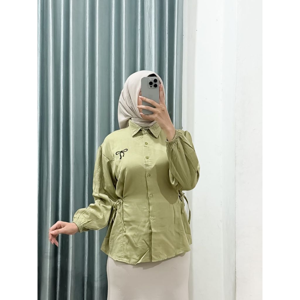 Kemeja Rayon Twil Blouse Semi Tunik Bordir Rayon Twil Premium-Atasan Wanita Tali Samping