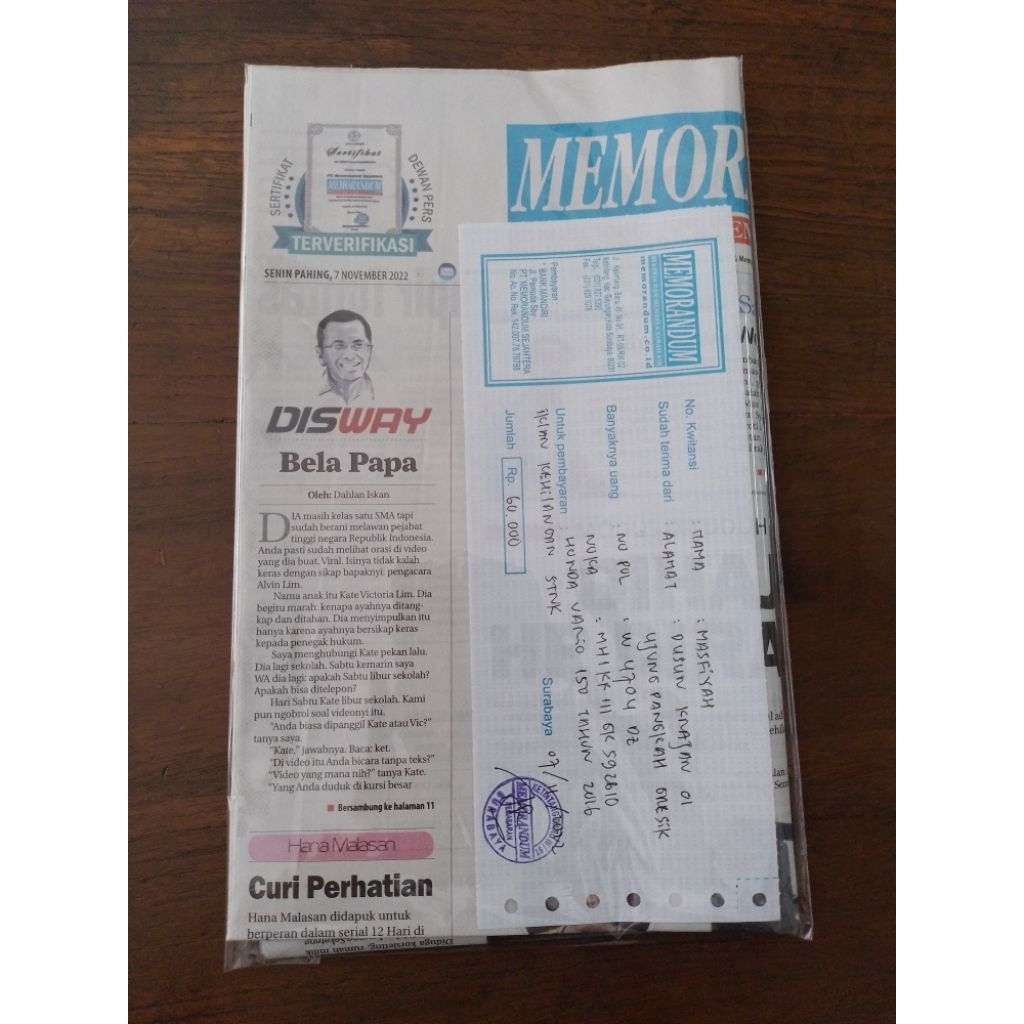 MENERIMA IKLAN KEHILANGAN DI KORAN