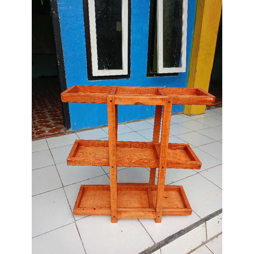Rak bunga kayu 3 susun rak pajangan bunga rak serbaguna