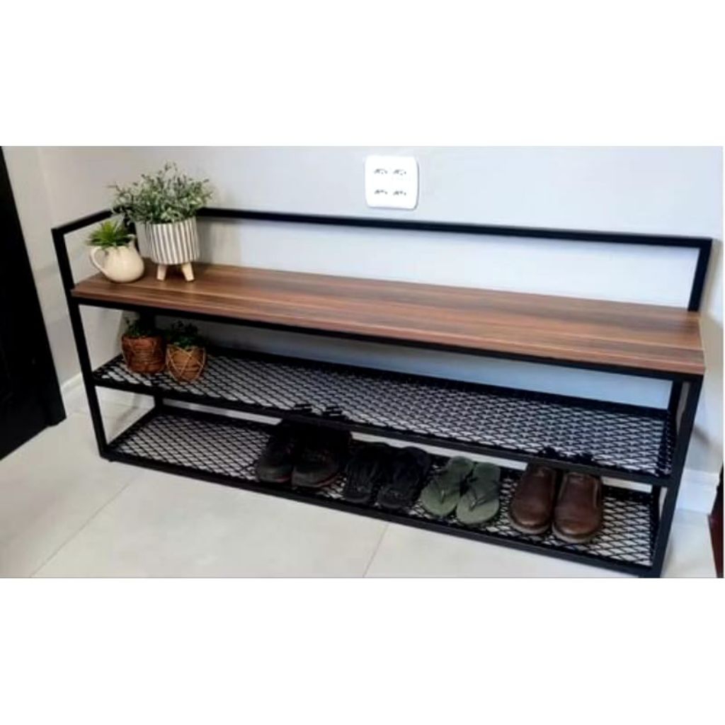 Rak sepatu besi kayu industrial