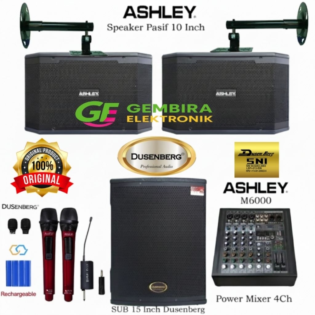 Paket Karaoke Speaker 10 Inch Ashley K2310 + Subwoofer 15 Inch Power Mixer Ashley M6000  Mic Wireles